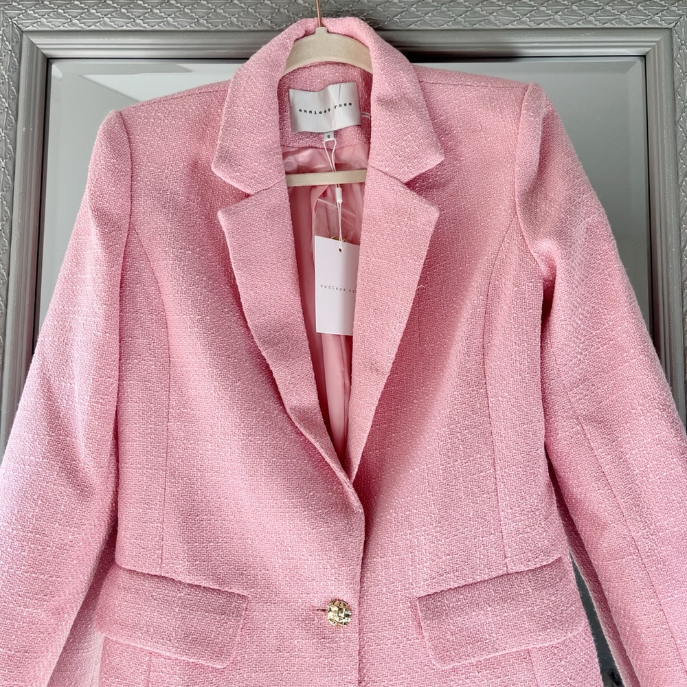 NWT SAKS Endless Rose Tweed Single Breast Blazer Pink Size Small - Picture 3 of 12